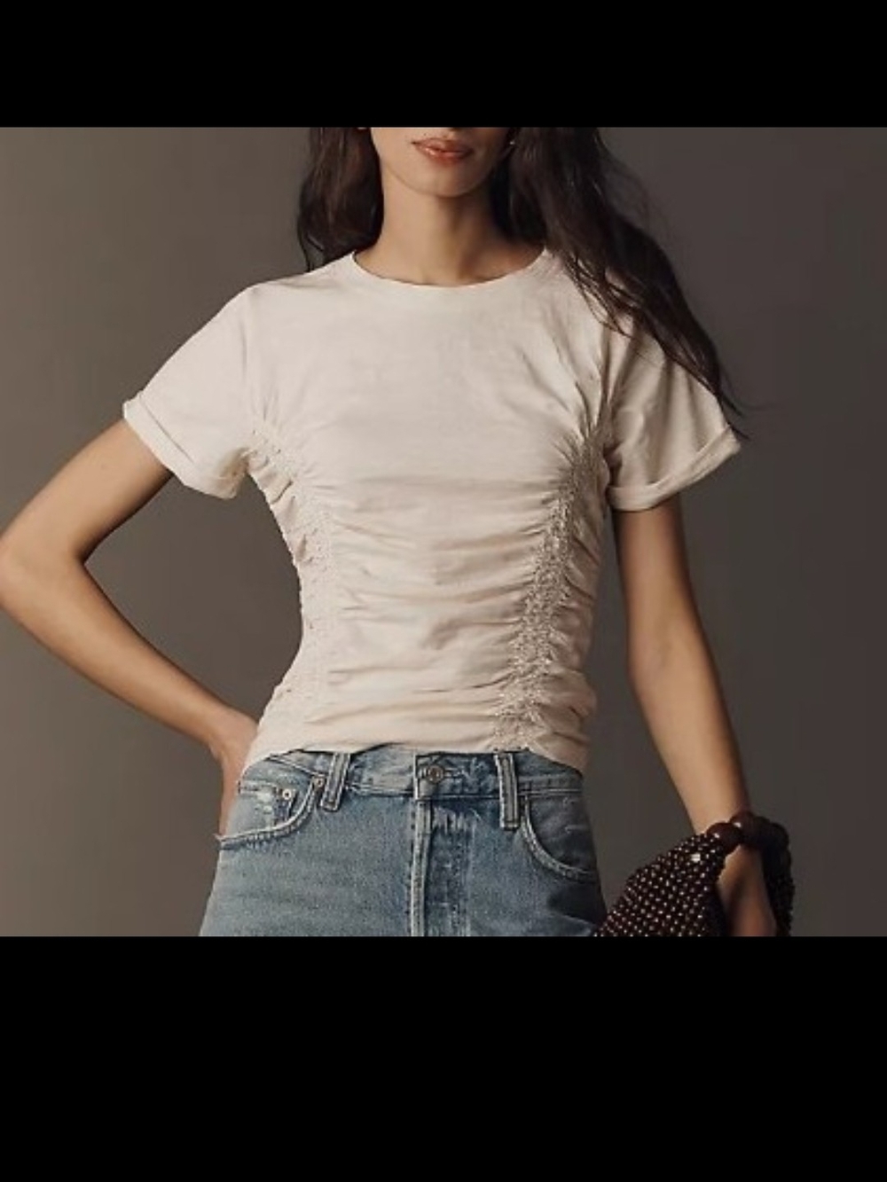 Pilcro Ruched-Side Short Sleeve Tee in Cream